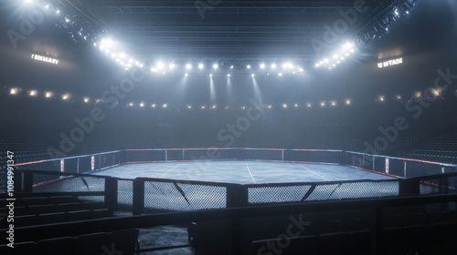 Vacant MMA arena with lit seating and a view of the stage.

 photo