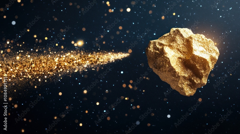 Gold nugget with sparkling glitter trails, resembling a comet.
Gold nugget with sparkling glitter trails, resembling a comet.