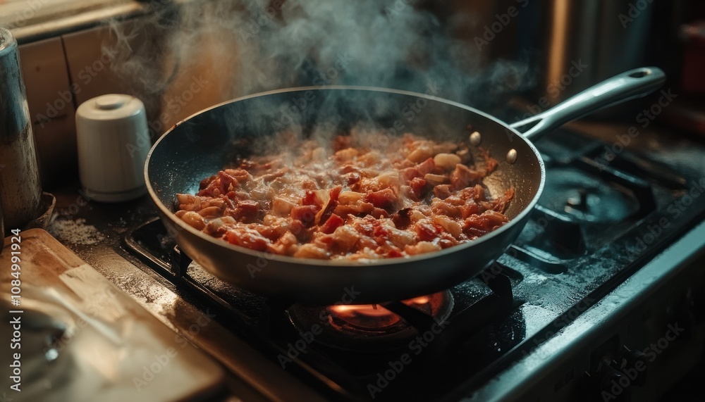 Crispy bacon cooking in a skillet on a stovetop with steam rising.