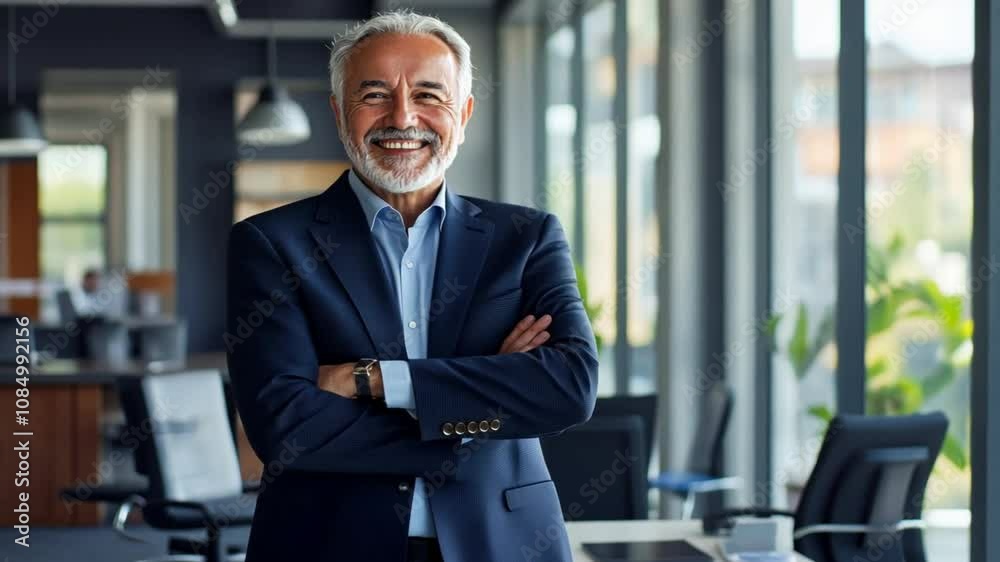 Middle-aged male businessman standing and smiling in modern office