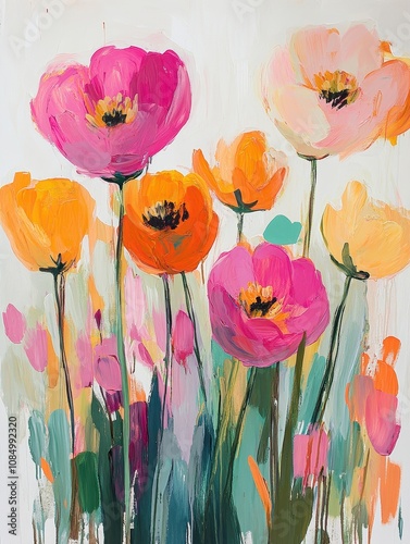 A collection of hand-painted acrylic flowers with smooth gradients and brilliant hues like magenta, lavender, and coral, floating on a minimalist white backdrop.