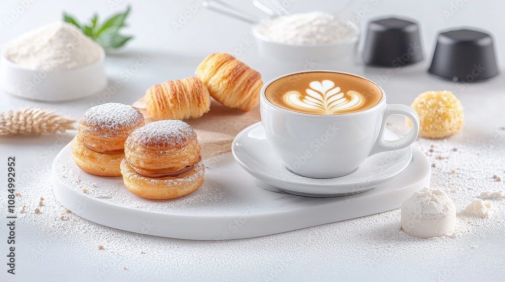 Delicate Pastries and Creamy Coffee in a Stylish Setup with Flour, Sugar, and Minimalist Background for Culinary Presentation and Food Photography Delicate Pastries and Creamy Coffee in a Stylish Setup with Flour, Sugar, and Minimalist Background for Culinary Presentation and Food Photography