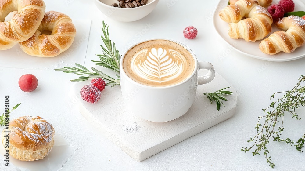 Delicately Designed Coffee Latte with Fresh Berries and Pastries on a Bright Table Setting, Perfect for Morning Brunch or Cafe Inspiration Delicately Designed Coffee Latte with Fresh Berries and Pastries on a Bright Table Setting, Perfect for Morning Brunch or Cafe Inspiration