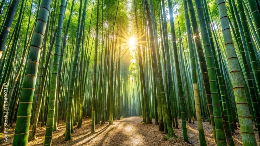 Fototapeta premium A Sunlit Path Through a Verdant Bamboo Forest, Illuminating the Tall, Slender Trunks with a Golden Glow