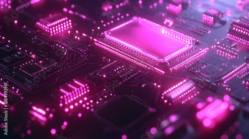 Circuit Board with Pink Neon Lights - 3D Illustration