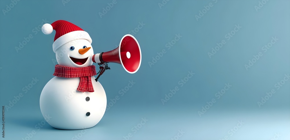 Joyful Snowman with Megaphone Spreading Cheer in a Winter Wonderland, Perfect for Holiday Greetings, Seasonal Promotions, and Festive Celebrations Joyful Snowman with Megaphone Spreading Cheer in a Winter Wonderland, Perfect for Holiday Greetings, Seasonal Promotions, and Festive Celebrations