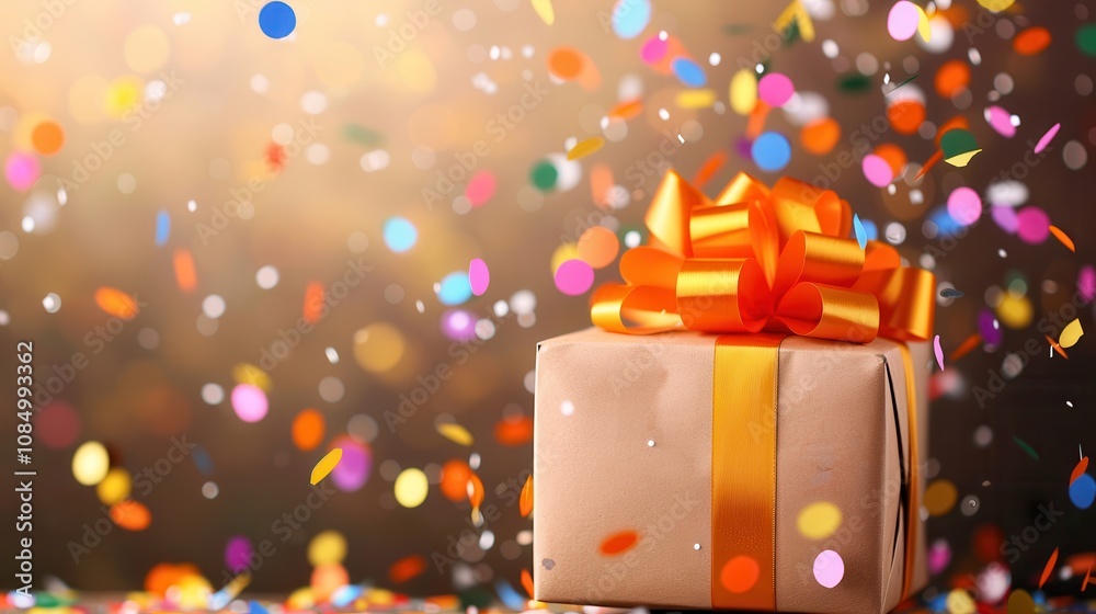 Newyear gift and confetti.A beautifully wrapped gift box adorned with an orange ribbon, surrounded by colorful confetti, evoking a festive and celebratory atmosphere.