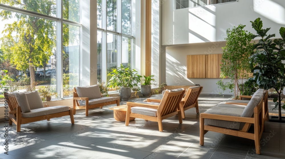 Airy Scandinavian-inspired space with wooden lounge chairs, large windows, and natural light creating a serene atmosphere Airy Scandinavian-inspired space with wooden lounge chairs, large windows, and natural light creating a serene atmosphere