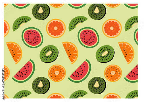 Mix fruit AOP basic watermelon, orange & kiwi. fruits all over repeat pattern wallpaper. in vibrant colors
