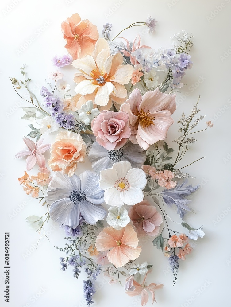 A delicate arrangement of hand-painted acrylic flowers in pastel tones, including soft pink, peach, and lavender, contrasted against a fresh white backdrop. A delicate arrangement of hand-painted acrylic flowers in pastel tones, including soft pink, peach, and lavender, contrasted against a fresh white backdrop.