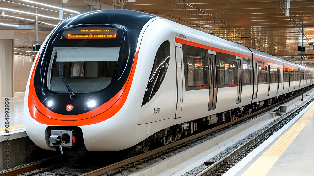 Fototapeta premium Modern White and Orange Train on Tracks - Realistic Photo