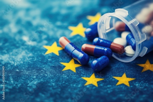 Pills spilled on the European Union flag, representing healthcare in the EU.