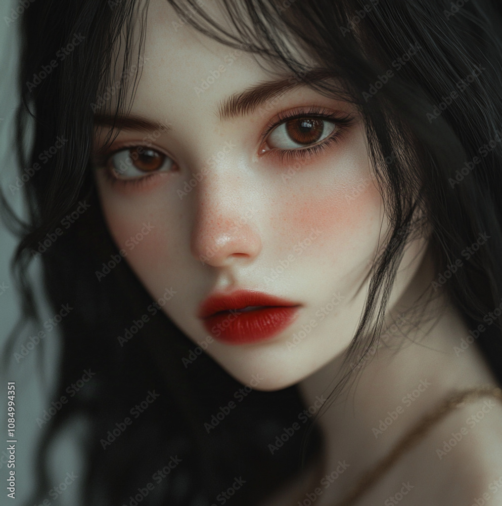 A beautiful 15-year-old girl with very pale, skin and full red lips. She has dark black hair that falls softly around her face, framing her delicate features. Her large, almond-shaped eyes are a deep A beautiful 15-year-old girl with very pale, skin and full red lips. She has dark black hair that falls softly around her face, framing her delicate features. Her large, almond-shaped eyes are a deep