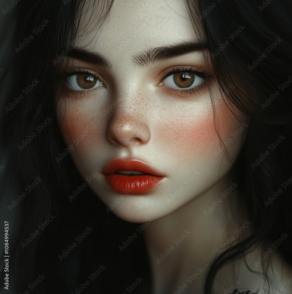 A beautiful 15-year-old girl with very pale, skin and full red lips. She has dark black hair that falls softly around her face, framing her delicate features. Her large, almond-shaped eyes are a deep A beautiful 15-year-old girl with very pale, skin and full red lips. She has dark black hair that falls softly around her face, framing her delicate features. Her large, almond-shaped eyes are a deep
