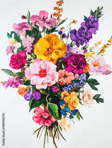 A vibrant acrylic-painted flower arrangement with rich colors like pink, purple, and yellow, set against a clean white background, showcasing a lively and artistic floral composition.