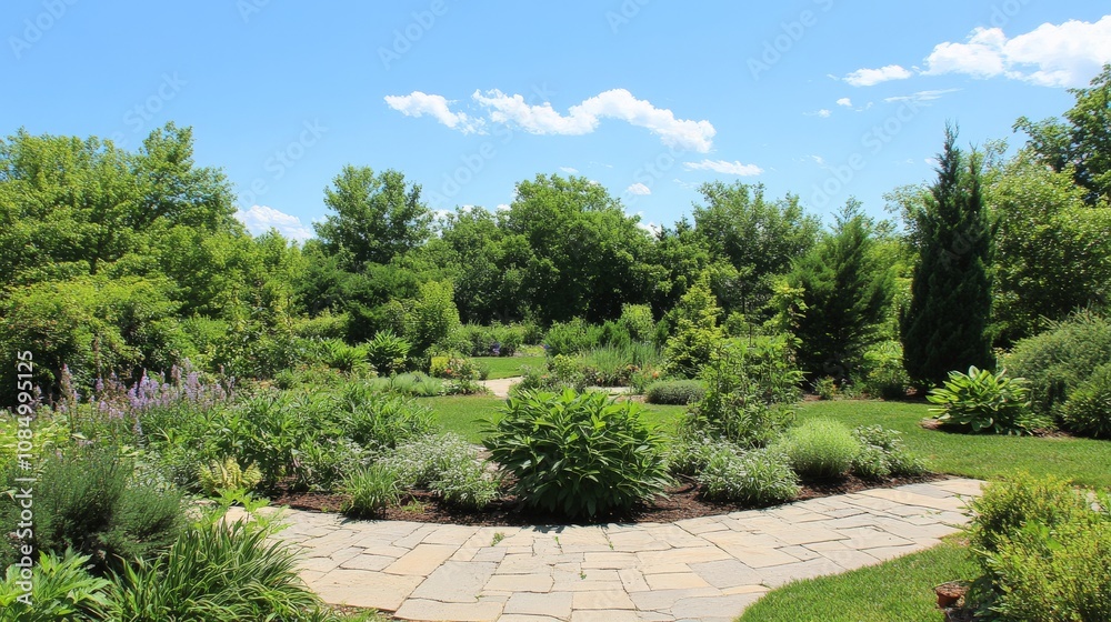 Serene Garden Pathway with Abundant Greenery Serene Garden Pathway with Abundant Greenery