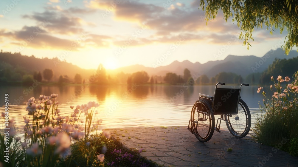 Fototapeta premium Serene Wheelchair by Tranquil Pond at Sunset