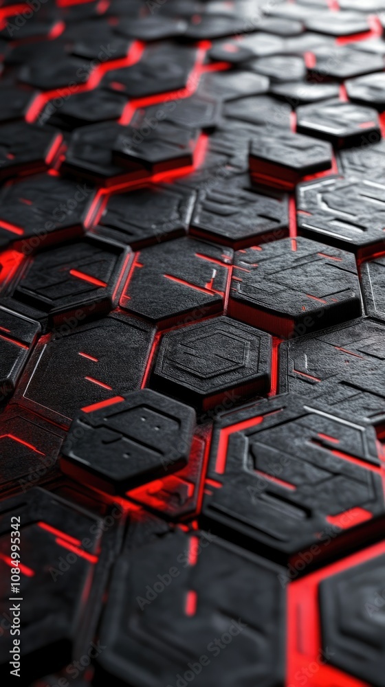 Abstract Hexagon Pattern with Red Glowing Lines