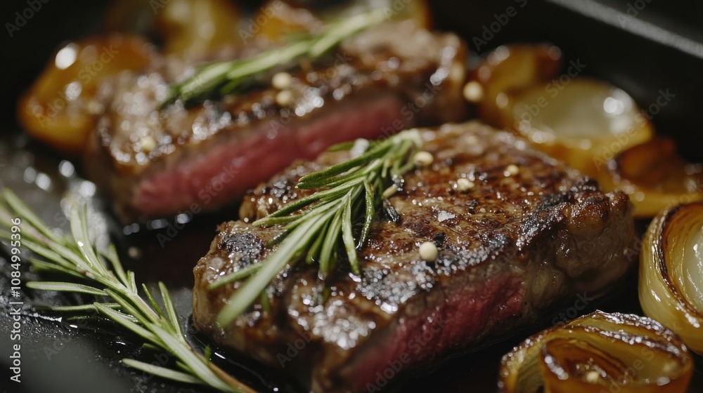 Grilled ribeye steak garnished with rosemary and roasted onions, ideal for a gourmet dining experience