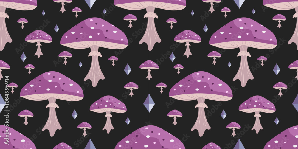 Magic pink mushrooms and spiritual crystals on black background. Cute surreal illustration with mystical elements in vector flat style. For prints, cards, decor. Magic pink mushrooms and spiritual crystals on black background. Cute surreal illustration with mystical elements in vector flat style. For prints, cards, decor.