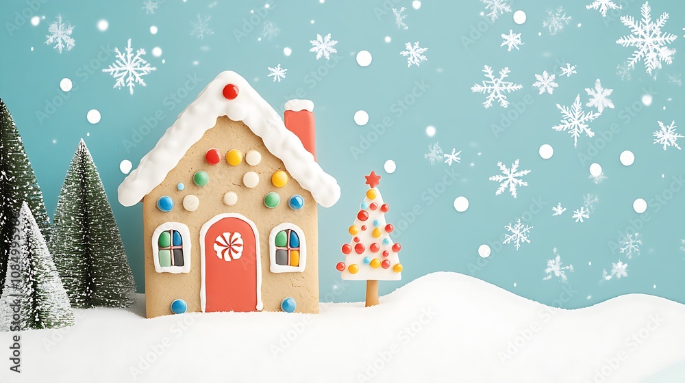 Delightful Gingerbread House Surrounded by Colorful Candy and Snowy Winter Wonderland Delightful Gingerbread House Surrounded by Colorful Candy and Snowy Winter Wonderland