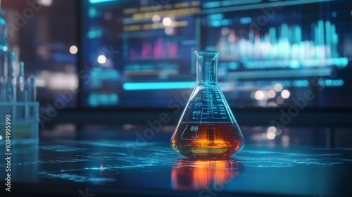 93.A detailed view of a beaker containing a colorful chemical solution, set on a clean laboratory table. In the background, holographic screens display complex scientific formulas and diagrams,