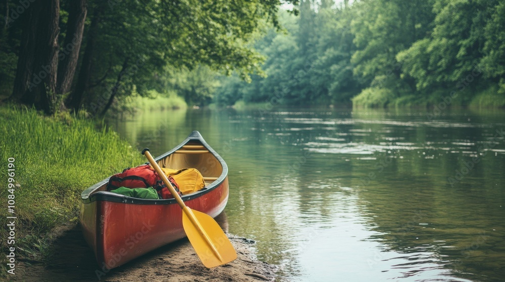A serene canoeing launch spot with paddles and life jackets neatly arranged by a calm river, A peaceful riverside with gentle currents and tall trees, Minimalist aquatic style A serene canoeing launch spot with paddles and life jackets neatly arranged by a calm river, A peaceful riverside with gentle currents and tall trees, Minimalist aquatic style