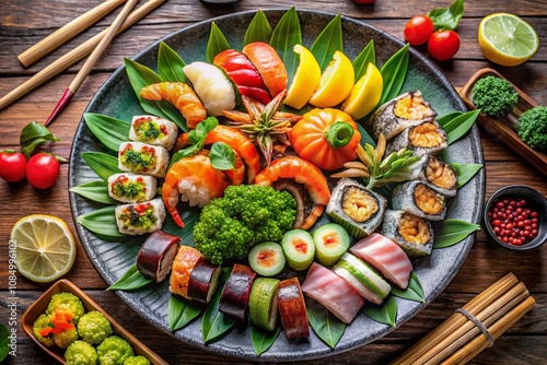 Wallpaper Mural A Colorful Gourmet Presentation of Sushi, Grilled Seafood, and Fresh Vegetables, Creatively Plated with Basil and Lemon Garnishes for Drone Photography Torontodigital.ca