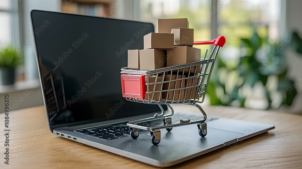 Modern laptop with a miniature shopping cart filled with boxes for e-commerce concept Modern laptop with a miniature shopping cart filled with boxes for e-commerce concept