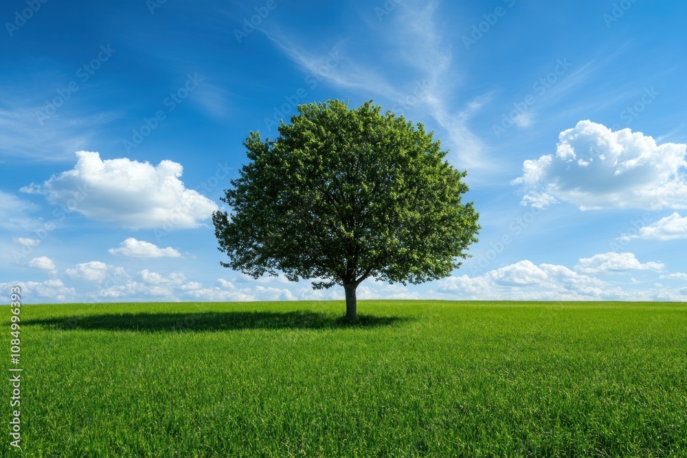 A single tree stands tall in a field of green grass under a blue sky with white clouds. A single tree stands tall in a field of green grass under a blue sky with white clouds.