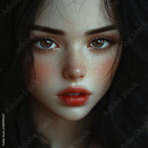 A beautiful 15-year-old girl with very pale, skin and full red lips. She has dark black hair that falls softly around her face, framing her delicate features. Her large, almond-shaped eyes are a deep