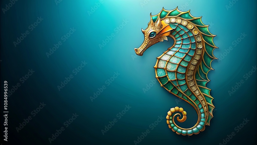 Fototapeta premium A Seahorse of Gold and Jade, a Symbol of Grace and Wonder in the Depths of the Ocean