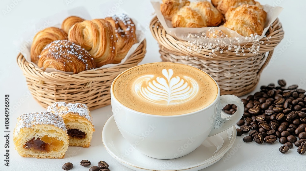 Freshly Baked Pastries and Artfully Crafted Coffee Display in Cozy Cafe Setting with Warm Tones, Inviting Atmosphere, Perfect for Food Lovers and Coffee Enthusiasts Freshly Baked Pastries and Artfully Crafted Coffee Display in Cozy Cafe Setting with Warm Tones, Inviting Atmosphere, Perfect for Food Lovers and Coffee Enthusiasts