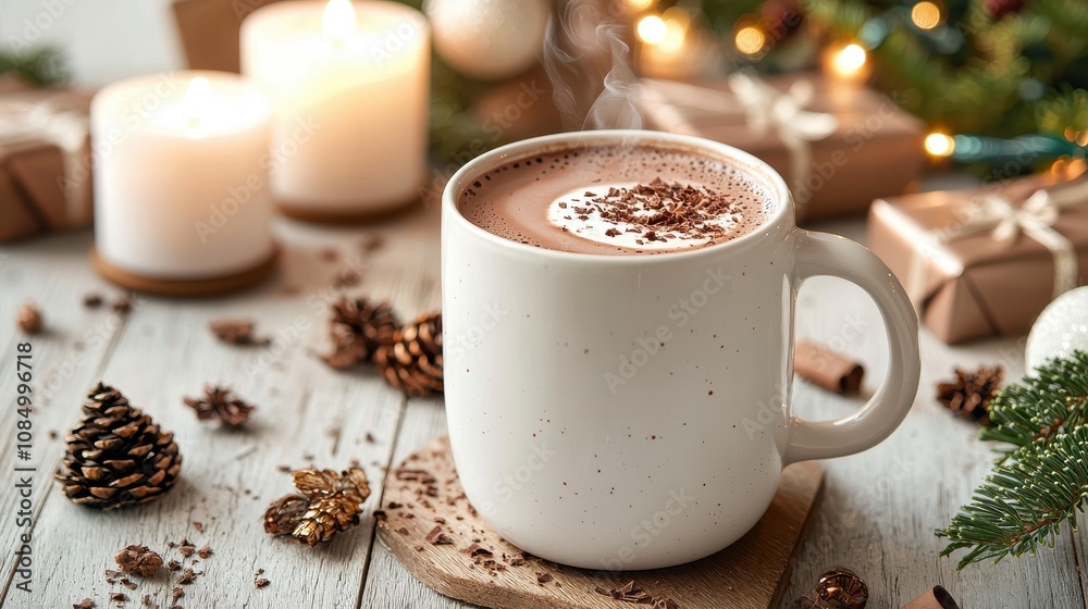 Cozy Hot Chocolate with Whipped Cream and Chocolate Shavings Amidst Festive Decorations and Soft Candlelight for a Warm Holiday Atmosphere Cozy Hot Chocolate with Whipped Cream and Chocolate Shavings Amidst Festive Decorations and Soft Candlelight for a Warm Holiday Atmosphere
