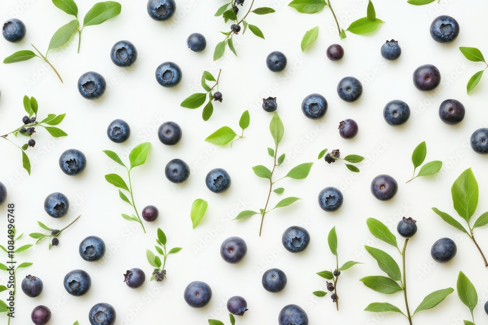 A flat lay of fresh blueberries and green leaves arranged in a repeating pattern on a white background. A flat lay of fresh blueberries and green leaves arranged in a repeating pattern on a white background.
