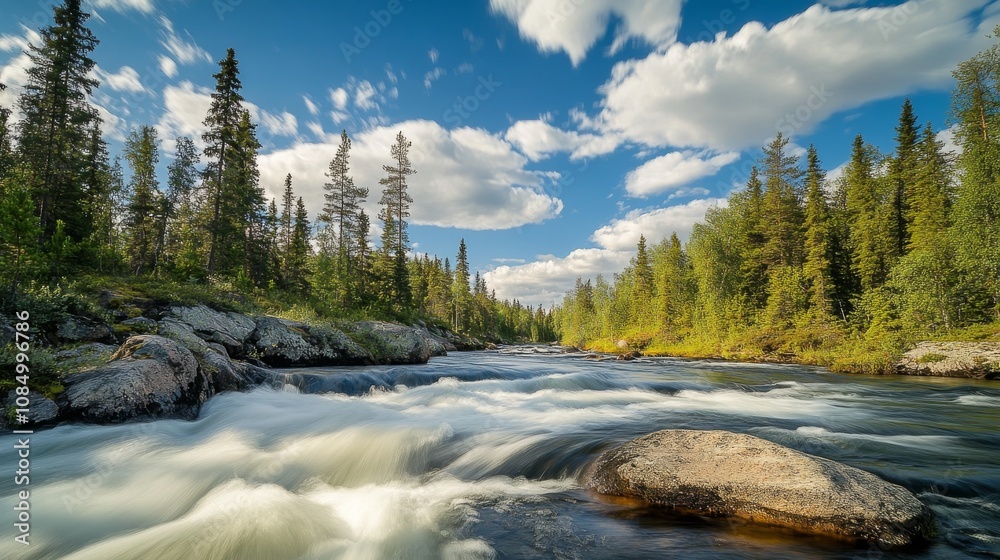 44.The Kamajokk River in Swedish Lapland flows gently over boulders, its water appearing like a silver ribbon in this long exposure image. Tall spruce trees line the riverbank, their deep green hues 44.The Kamajokk River in Swedish Lapland flows gently over boulders, its water appearing like a silver ribbon in this long exposure image. Tall spruce trees line the riverbank, their deep green hues