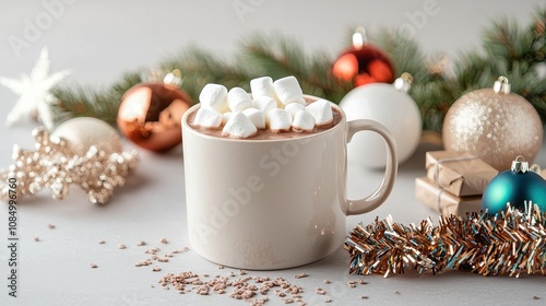 Cozy Hot Chocolate with Marshmallows Surrounded by Holiday Decorations and Ornaments Perfect for Winter and Festive Celebrations