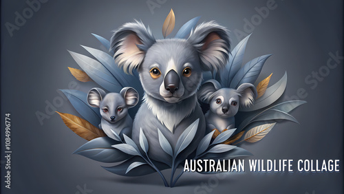 Koalas in soft blue tones surrounded by botanical design