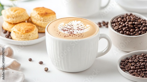 Cozy Coffee Moment with Latte Art, Freshly Baked Scones, and Roasted Coffee Beans Perfect for Breakfast and Refreshing Mornings