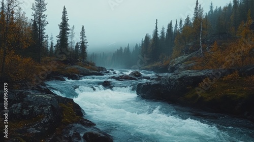 42.Beautiful landscape with long exposure water stream and cascade of river Kamajokk, Swedish Lapland: photo