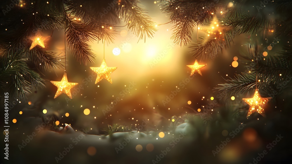 Close-up of Christmas tree branches adorned with golden star ornaments and twinkling lights, creating a festive, magical atmosphere.. Close-up of Christmas tree branches adorned with golden star ornaments and twinkling lights, creating a festive, magical atmosphere..