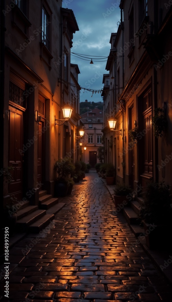 Charming alleyway with illuminated street lamps and wet cobblestones in twilight ambiance, nostalgic atmosphere Charming alleyway with illuminated street lamps and wet cobblestones in twilight ambiance, nostalgic atmosphere