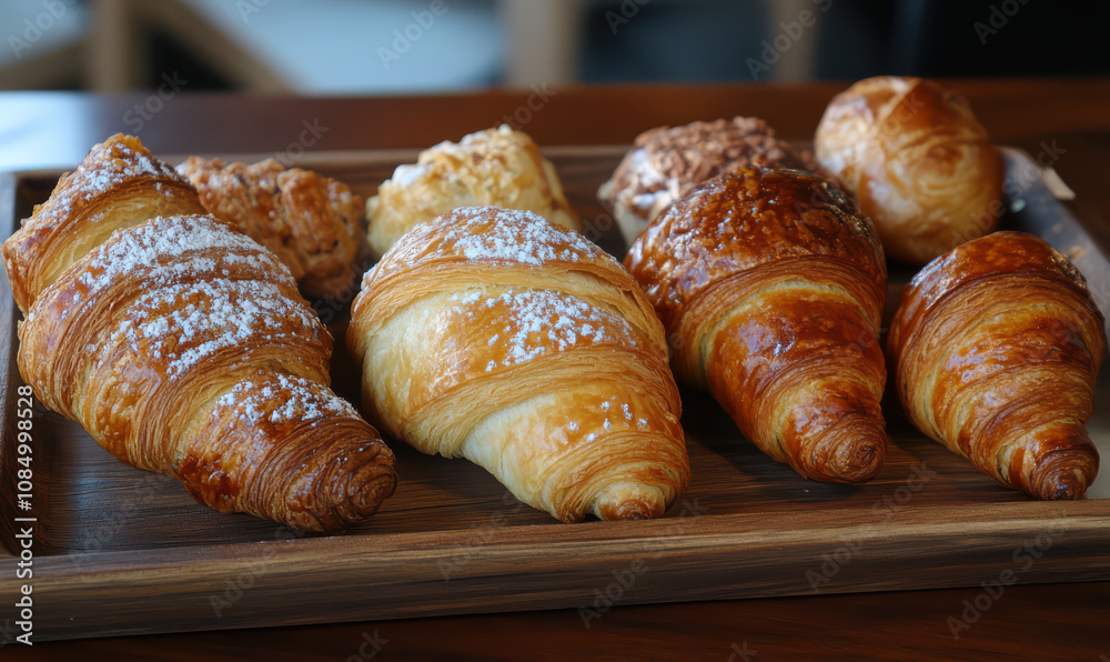 Golden croissants and pastries delectable bakery display Golden croissants and pastries delectable bakery display