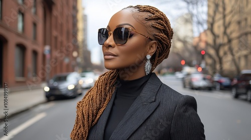 Stylish African American Woman in Sunglasses with Braided Hair Enjoying a City Walk in Trendy Black Suit on a Busy Street