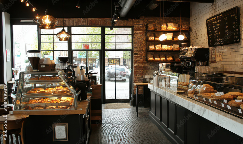 Cozy bakery interior inviting atmosphere delicious pastries fresh bread coffee shop warm lighting rustic decor marble counter wooden shelves brick wall storefront window display bakery showcase food