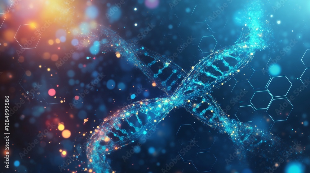 75.A high-detail vector illustration of a DNA molecule, with bright, glowing connections between nucleotides. The double helix floats on a dark blue background filled with soft, blurry light effects 75.A high-detail vector illustration of a DNA molecule, with bright, glowing connections between nucleotides. The double helix floats on a dark blue background filled with soft, blurry light effects