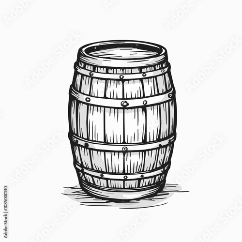 Wooden barrel illustration, hand-drawn style, rustic storage