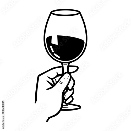 Red wine glass illustration, black and white style