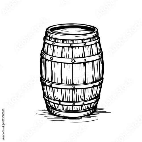 Wooden barrel illustration, rustic hand-drawn style, storage container