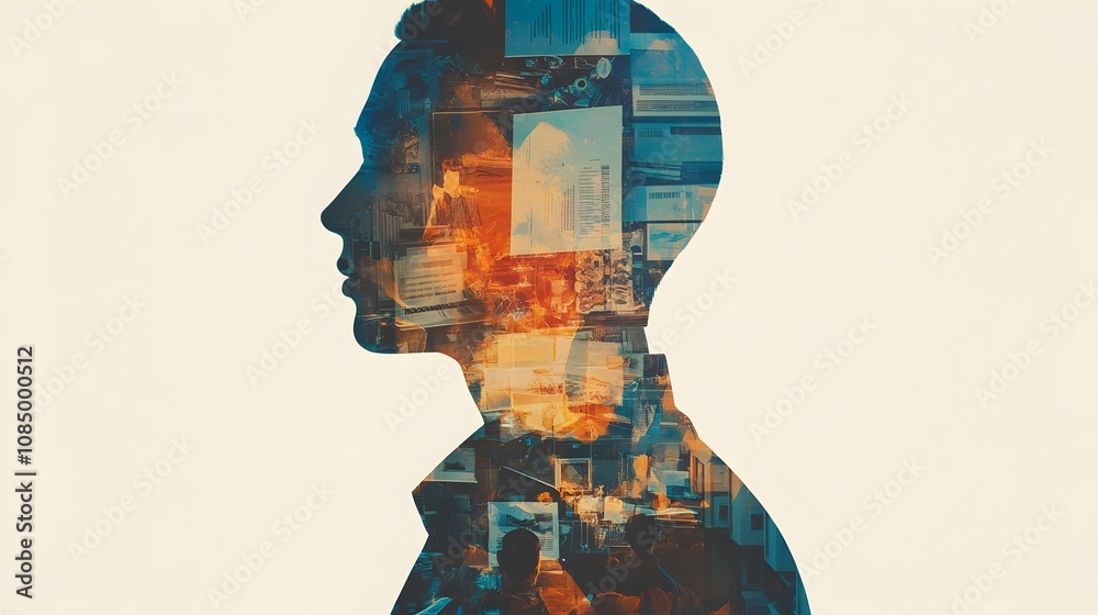 14. A silhouette of a leader with overlapping transparent images of business meetings, contracts, and brainstorming sessions 14. A silhouette of a leader with overlapping transparent images of business meetings, contracts, and brainstorming sessions